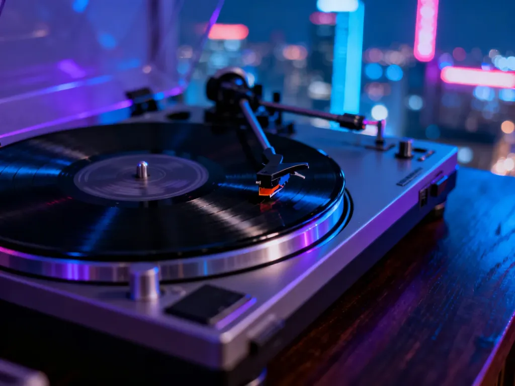 Gramofon z płytą winylową na tle rozmytego, neonowego miasta, podkreślający muzyczny klimat twórczości Palucha.