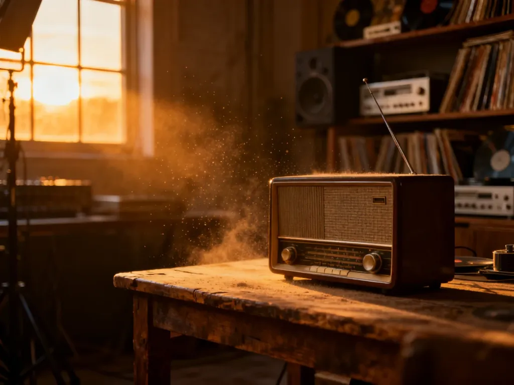 Stare radio na drewnianym stole w studiu nagraniowym, oświetlone ciepłym światłem zachodzącego słońca.