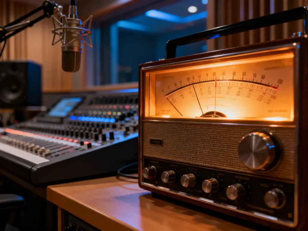 Profesjonalne studio radiowe z podświetlanym odbiornikiem w stylu retro, podkreślające techniczną stronę audycji.