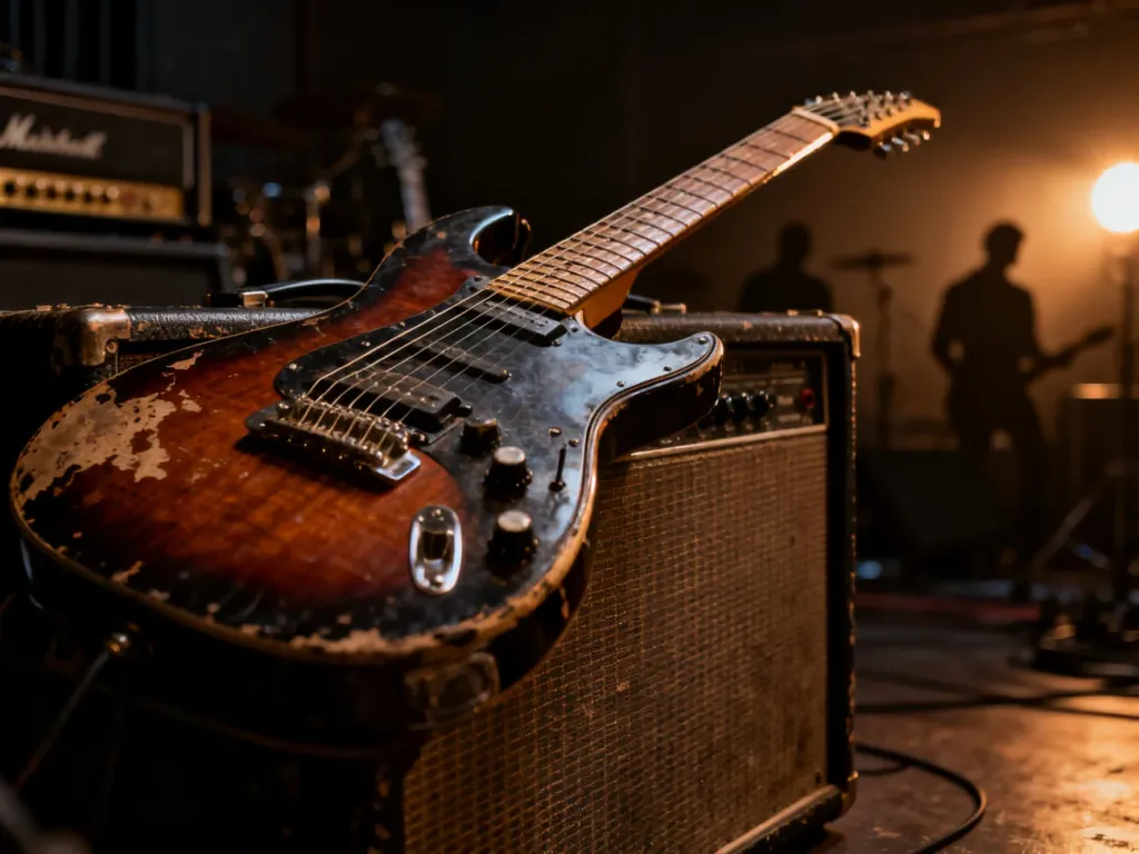 Elektryczna gitara oparta o wzmacniacz w klimatycznym studiu muzycznym, nawiązująca do brzmienia System of a Down.