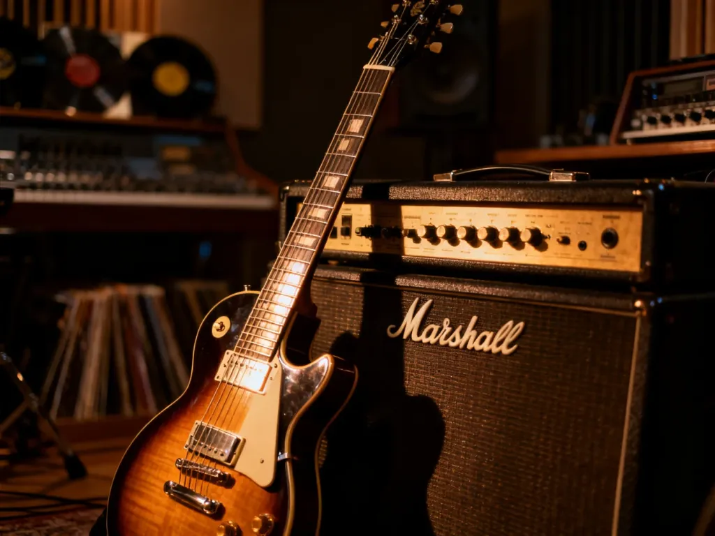 Elektryczna gitara oparta o wzmacniacz Marshall w klimatycznym studiu nagraniowym, podkreślająca rockowy styl zespołu.