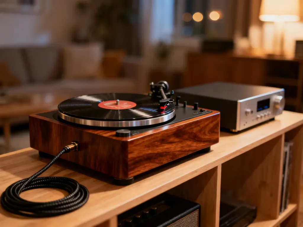 Gramofon Lenco z drewnianym wykończeniem podłączony kablem audio do nowoczesnego wzmacniacza w przytulnym wnętrzu.