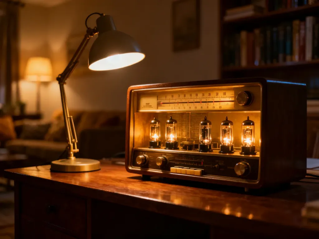 Stare radio z analogową skalą i świecącymi lampami na drewnianym biurku w przytulnym, wieczornym wnętrzu.