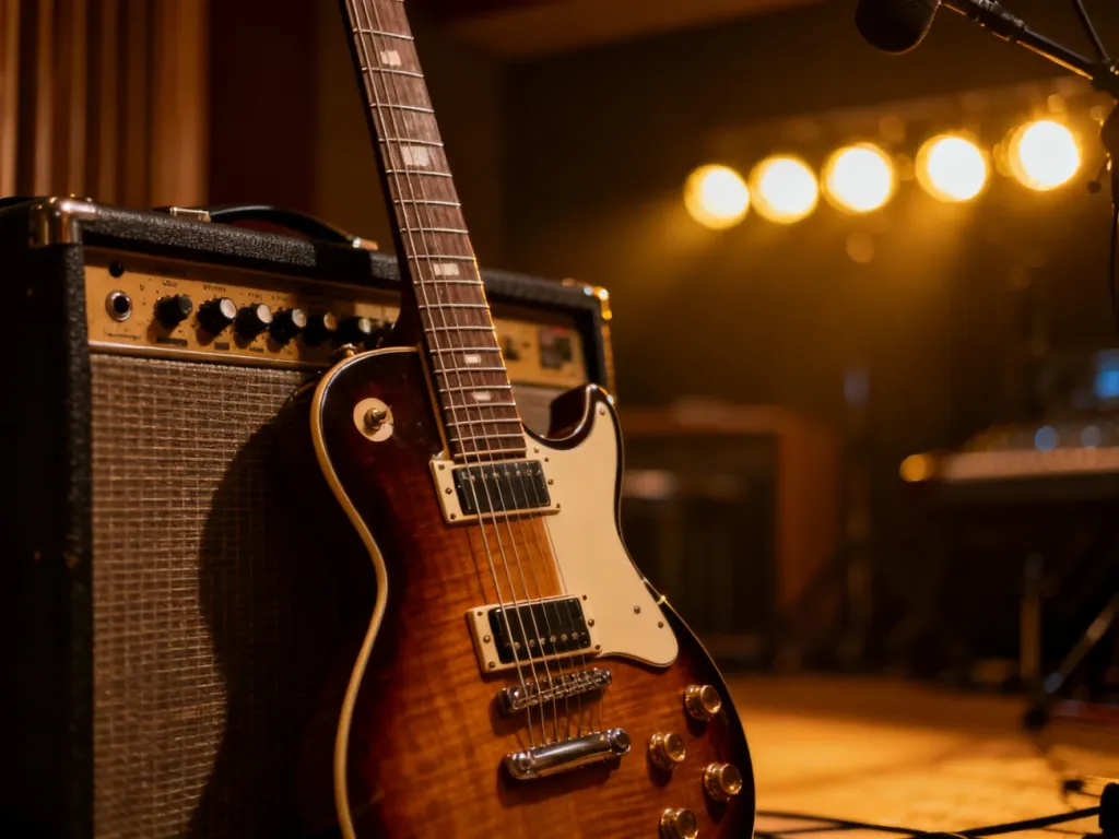 Elektryczna gitara oparta o wzmacniacz w klimatycznym studiu nagraniowym, nawiązująca do rockowego brzmienia zespołu Queen.