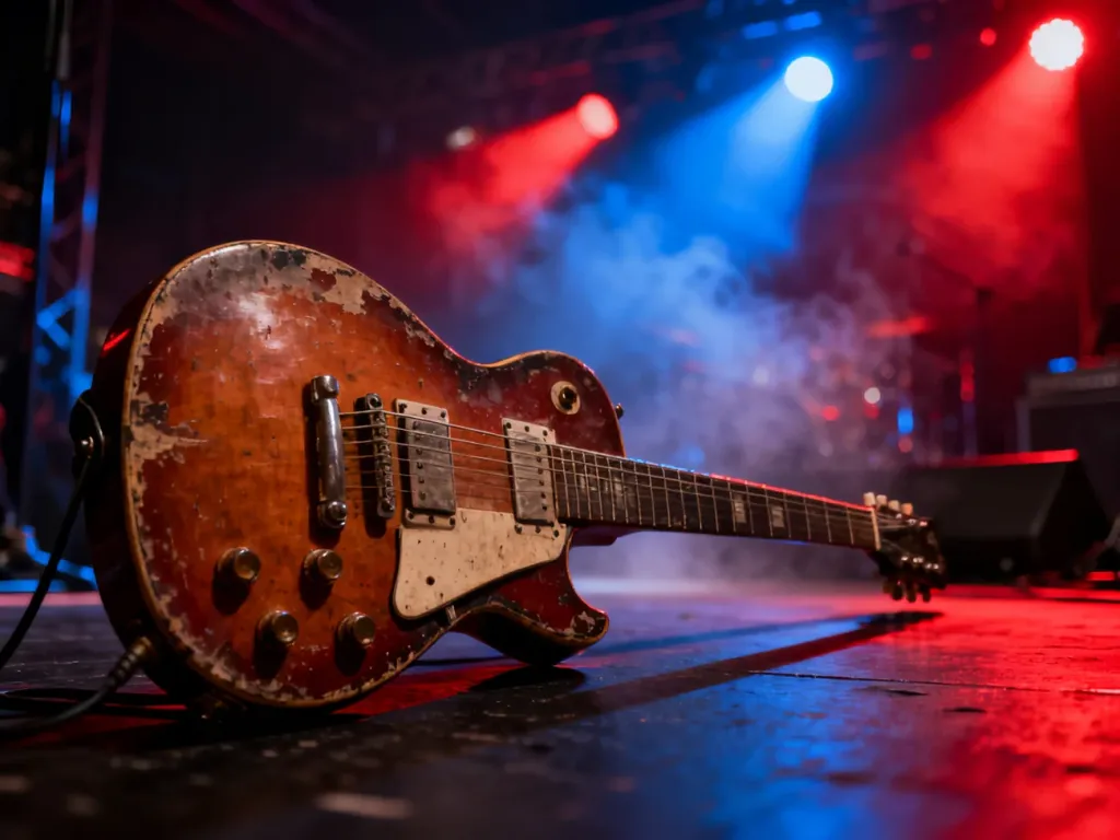 Wytarta gitara elektryczna na scenie w blasku czerwonych i niebieskich świateł, oddająca rockowy klimat koncertu.