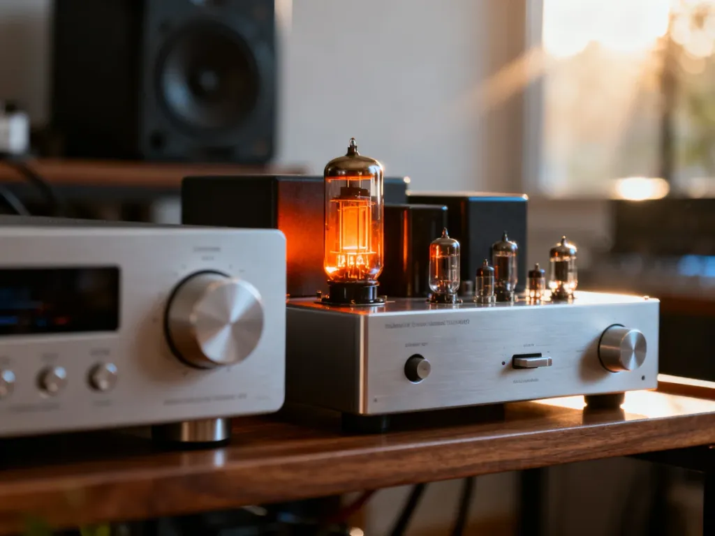 Wzmacniacz lampowy z ciepłym światłem obok nowoczesnego modelu tranzystorowego na półce w domowym systemie audio.