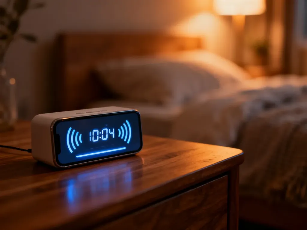 Smartfon na szafce nocnej z włączoną aplikacją radiową, sugerujący korzystanie z funkcji wyłącznika czasowego przed snem.