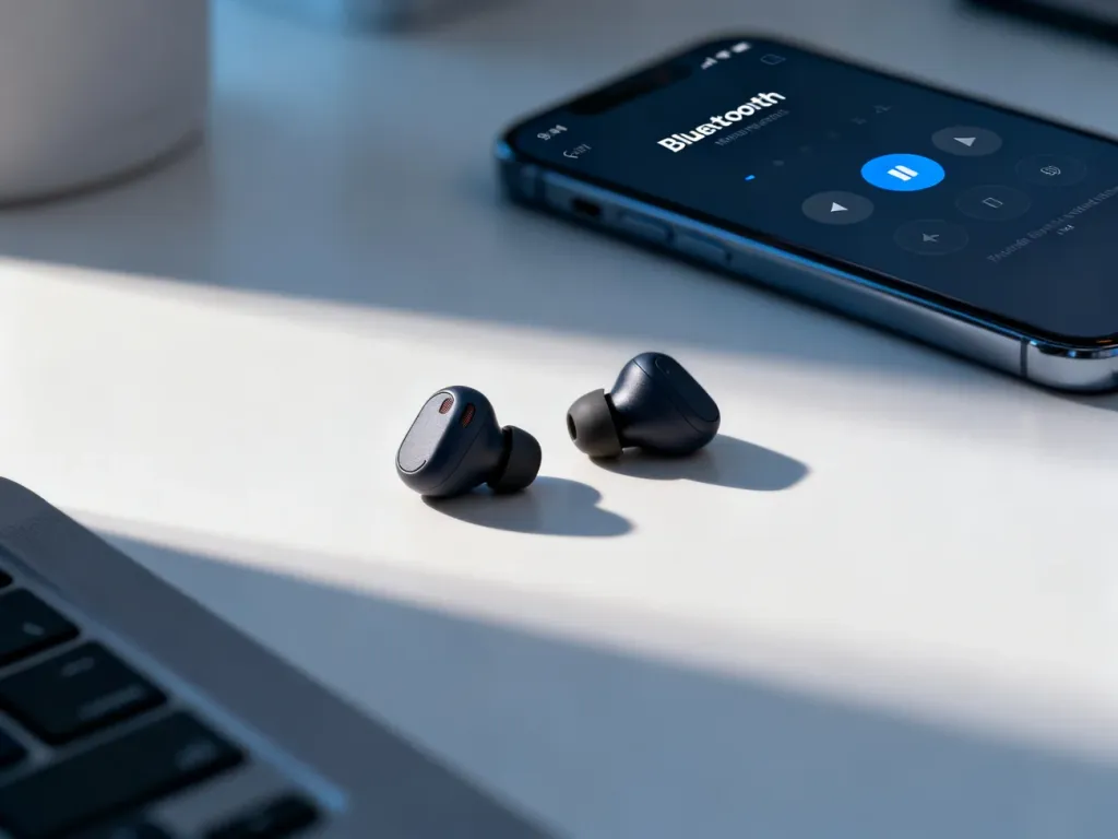 Nowoczesne słuchawki bezprzewodowe leżące na biurku obok smartfona z włączonym menu parowania Bluetooth.