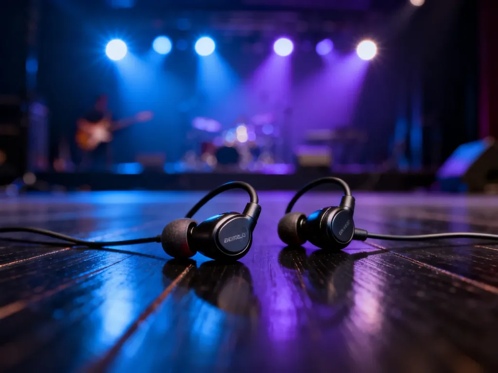 Profesjonalne słuchawki douszne typu in-ear leżące na scenie w blasku koncertowych świateł.